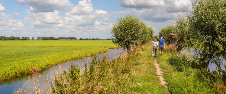 Unidentified young man and woman walking on a narrow path between trees and water on both sides in a Dutch nature reserve. It is a sunny day with some clouds in the blue sky in summer season.